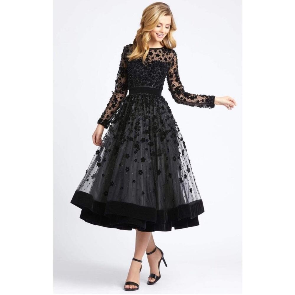 Mac Duggal Dress Sz 2 Sheer Black Floral Audrey Hepburn Cocktail/Wedding Guest